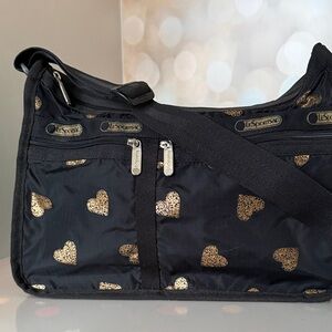 LeSportsac Black Shoulder Bag with Gold Heart Accents
